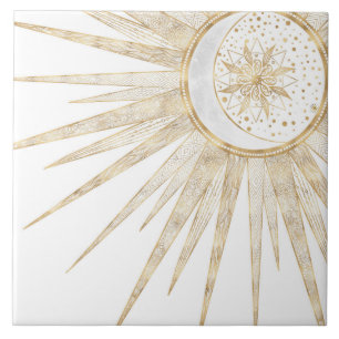 Elegant Guld Doodles Sol Måne Mandala Design Kakelplatta