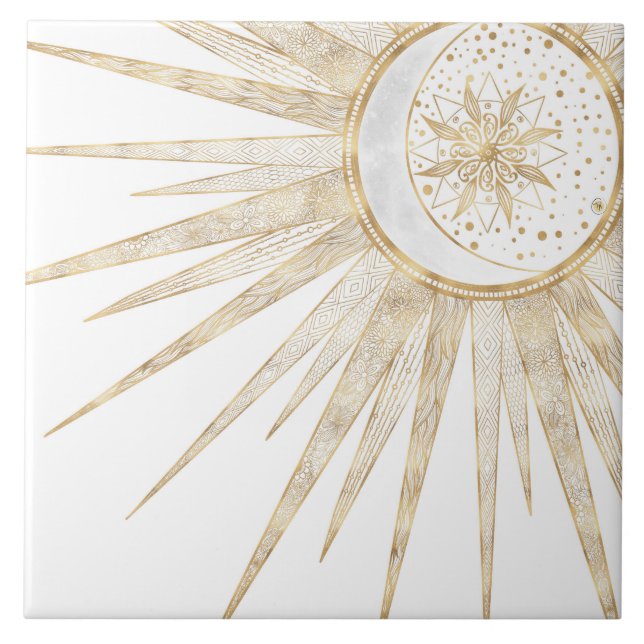 Elegant Guld Doodles Sol Måne Mandala-design Kakelplatta (Framsidan)