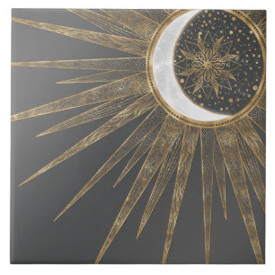 Elegant Guld Doodles Sol Måne Mandala-design Kakelplatta