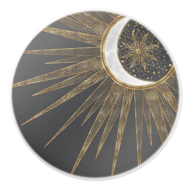 Elegant Guld Doodles Sol Måne Mandala-design Knopp (Framsidan)