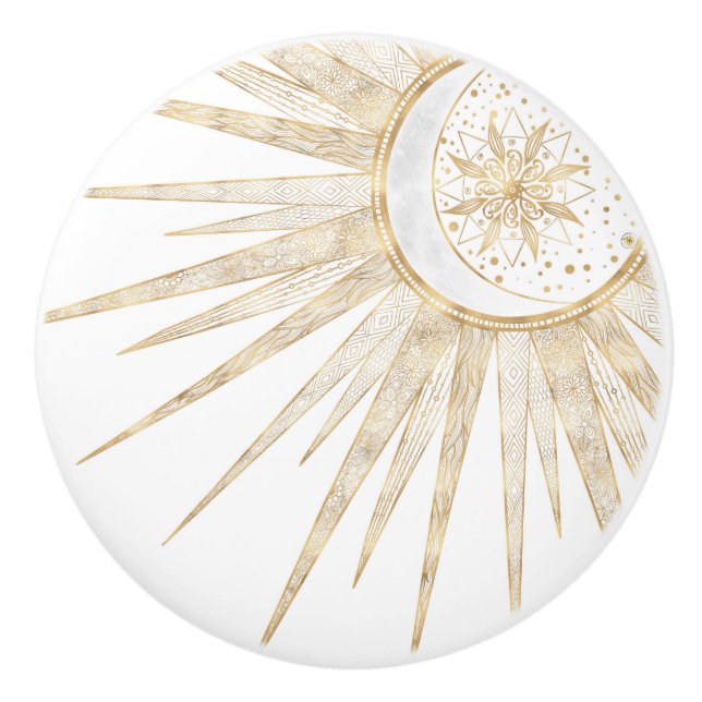 Elegant Guld Doodles Sol Måne Mandala-design Knopp (Framsidan)