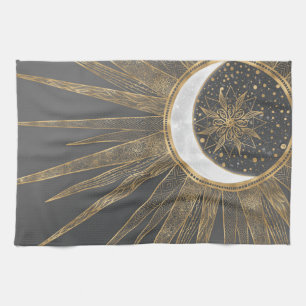 Elegant Guld Doodles Sol Måne Mandala-design Kökshandduk
