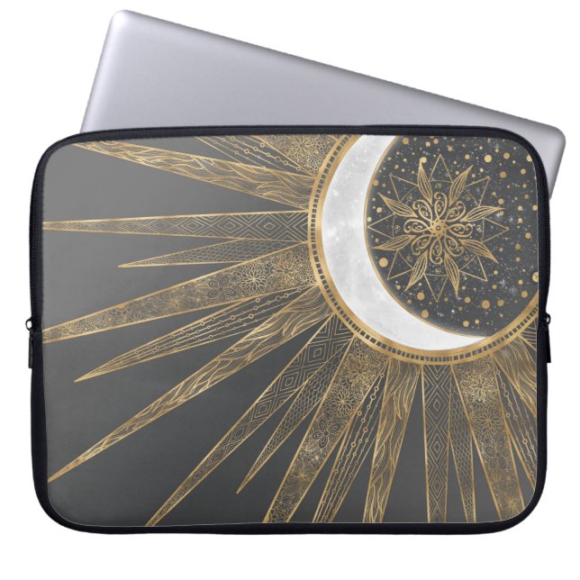 Elegant Guld Doodles Sol Måne Mandala-design Laptop Fodral (Framsidan)