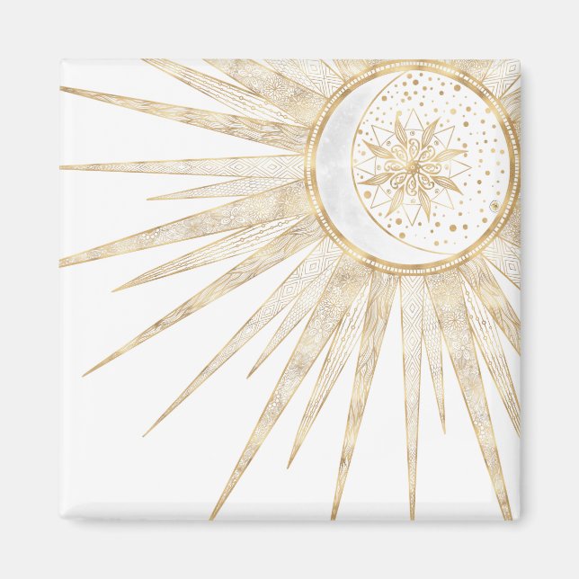 Elegant Guld Doodles Sol Måne Mandala-design Magnet (Framsidan)