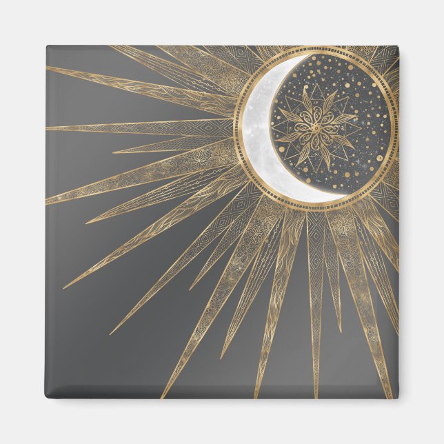 Elegant Guld Doodles Sol Måne Mandala-design Magnet (Framsidan)