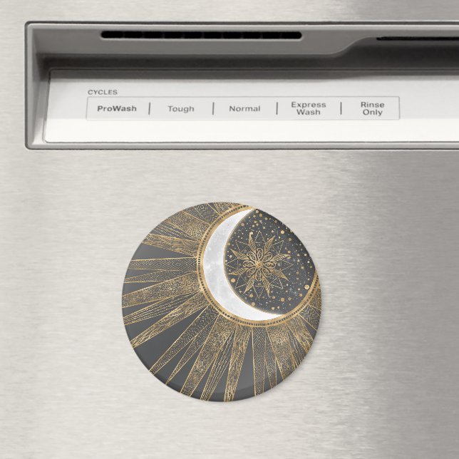 Elegant Guld Doodles Sol Måne Mandala-design Magnet (In Situ (Dishwasher))