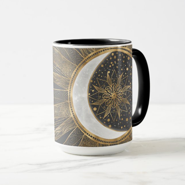 Elegant Guld Doodles Sol Måne Mandala-design Mugg (Framsida höger)