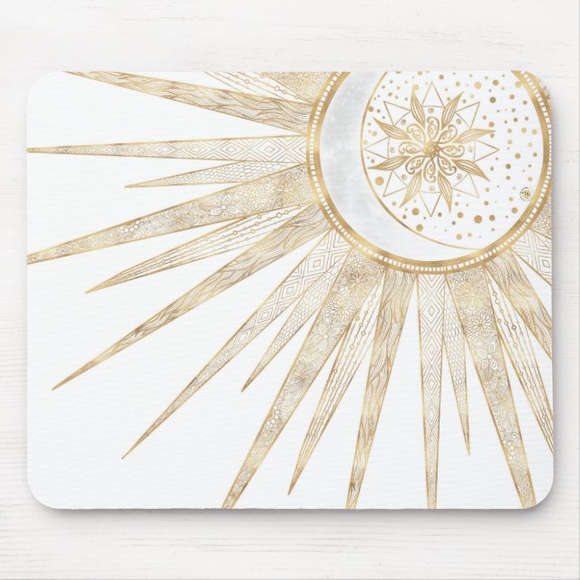 Elegant Guld Doodles Sol Måne Mandala-design Musmatta (Framsidan)