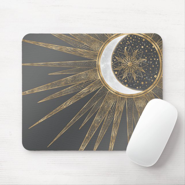 Elegant Guld Doodles Sol Måne Mandala-design Musmatta (Med mus)