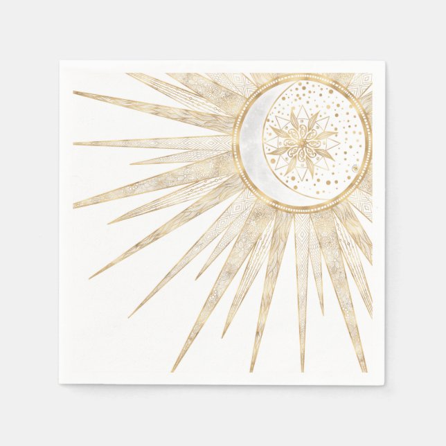 Elegant Guld Doodles Sol Måne Mandala-design Pappersservett (Framsidan)