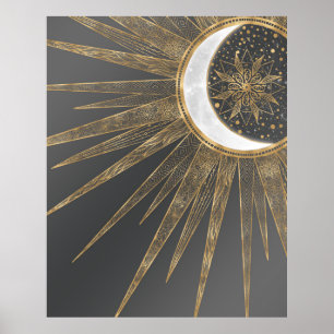 Elegant Guld Doodles Sol Måne Mandala-design Poster