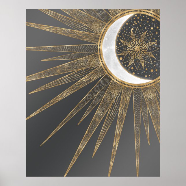 Elegant Guld Doodles Sol Måne Mandala-design Poster (Framsidan)