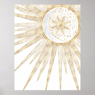 Elegant Guld Doodles Sol Måne Mandala-design Poster
