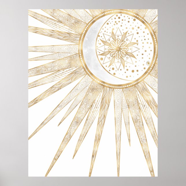 Elegant Guld Doodles Sol Måne Mandala-design Poster (Framsidan)