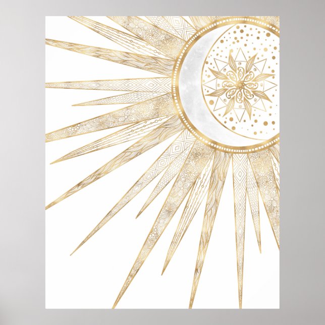 Elegant Guld Doodles Sol Måne Mandala-design Poster (Framsidan)