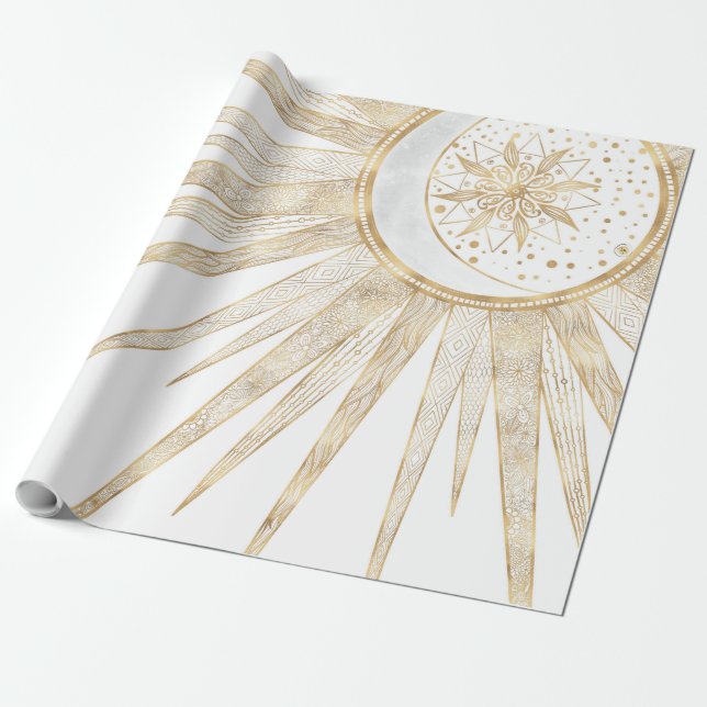 Elegant Guld Doodles Sol Måne Mandala-design Presentpapper (Utrullad)