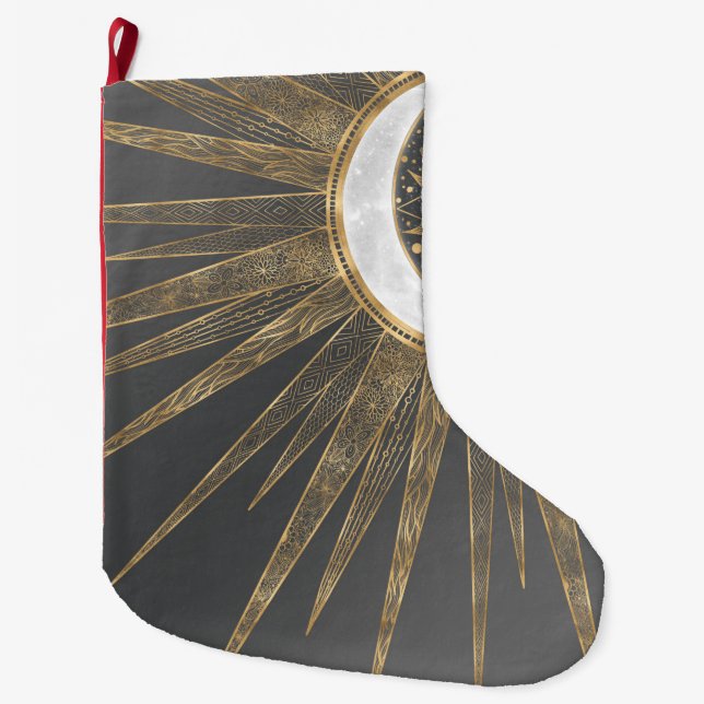 Elegant Guld Doodles Sol Måne Mandala-design Stor Julstrumpa (Framsidan)