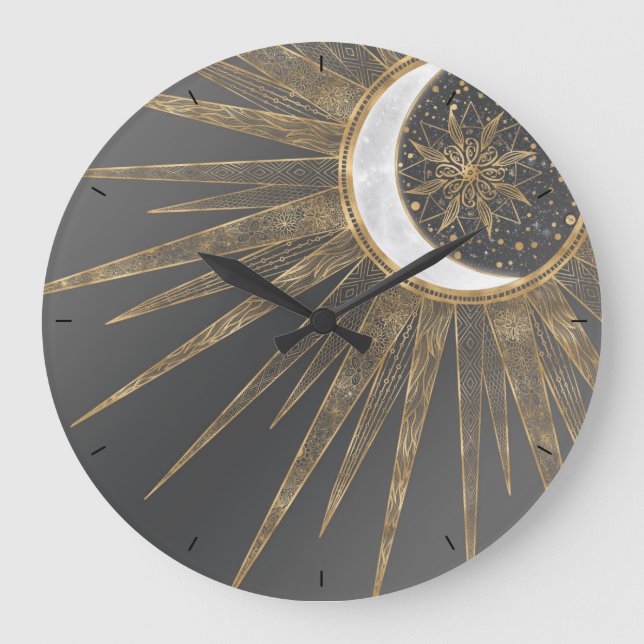 Elegant Guld Doodles Sol Måne Mandala-design Stor Klocka (Framsida)