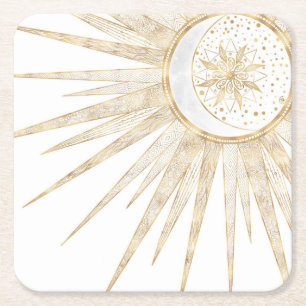 Elegant Guld Doodles Sol Måne Mandala Design Underlägg Papper Kvadrat