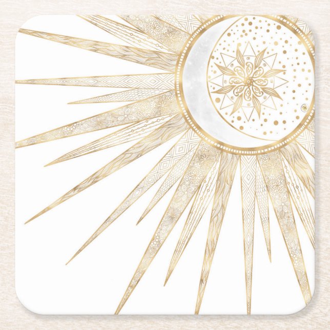Elegant Guld Doodles Sol Måne Mandala-design Underlägg Papper Kvadrat (Framsidan)