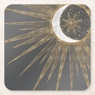 Elegant Guld Doodles Sol Måne Mandala-design Underlägg Papper Kvadrat