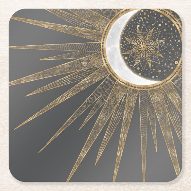 Elegant Guld Doodles Sol Måne Mandala-design Underlägg Papper Kvadrat (Framsidan)