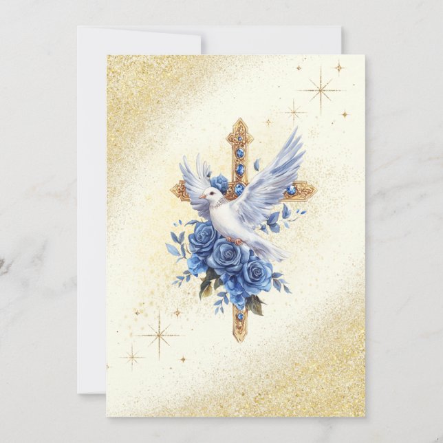 Elegant Guld Dove Blue Ro Baptism Inbjudningar (Baksida)