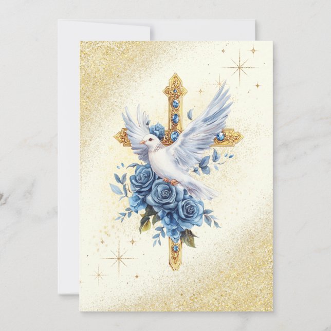 Elegant Guld Dove Blue Ro Baptism Inbjudningar (Baksida)