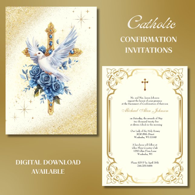 Elegant Guld Dove Blue Ro Baptism Inbjudningar (Skapare uppladdad)