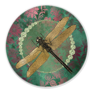 Elegant Guld Dragonfly på Grönt med Rhinestones Knopp