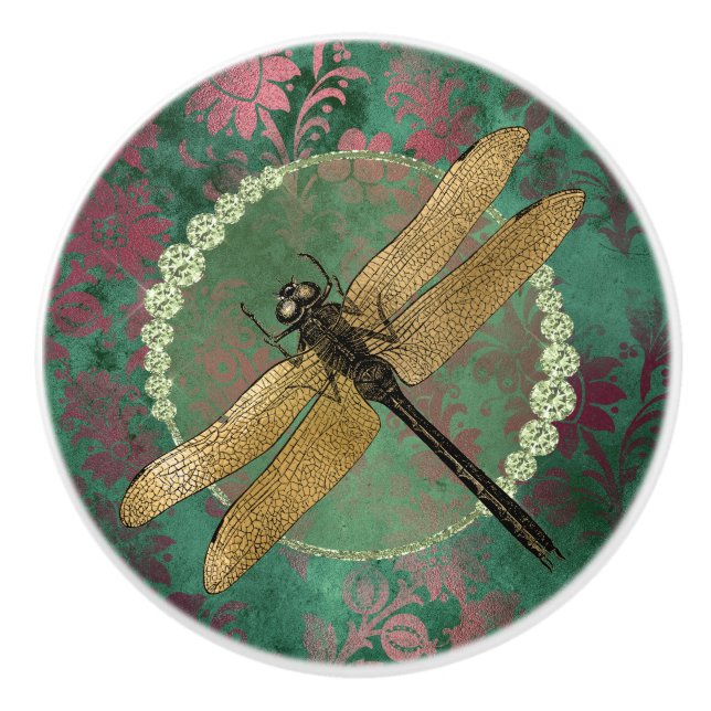 Elegant Guld Dragonfly på Grönt med Rhinestones Knopp (Framsidan)