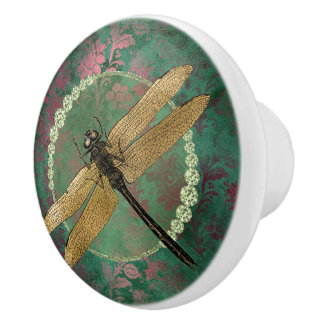 Elegant Guld Dragonfly på Grönt med Rhinestones Knopp