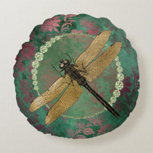 Elegant Guld Dragonfly på Grönt med Rhinestones Rund Kudde