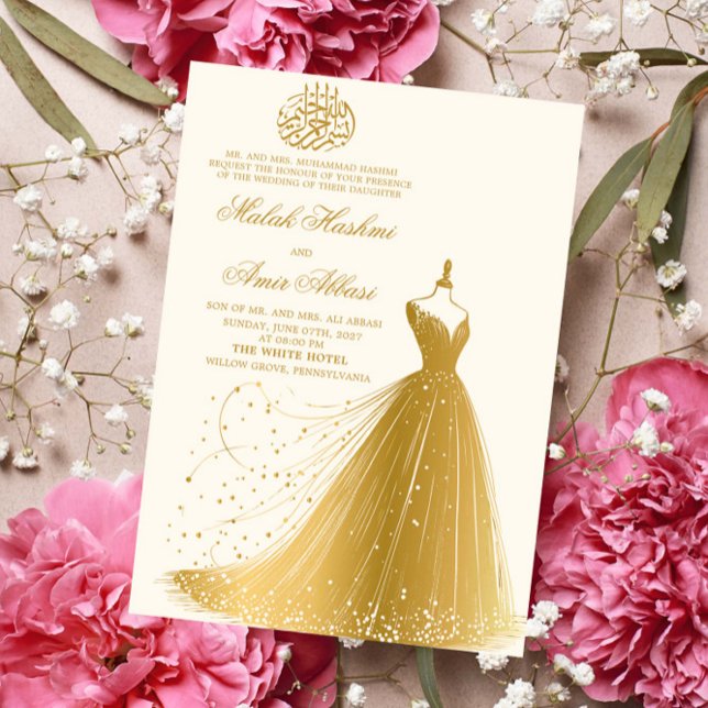 Elegant Guld Dress Cream islamisk muslimsk bröllop Inbjudningar (Skapare uppladdad)