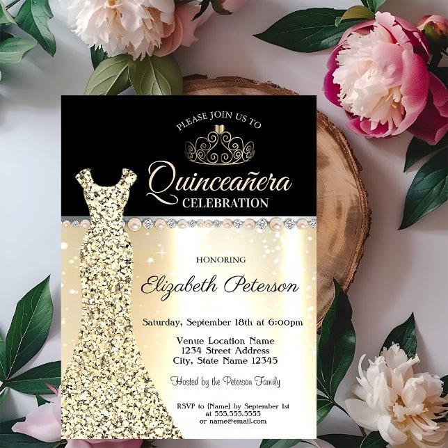 Elegant Guld Dress,Diamonds Pearls Quinceañera Inbjudningar (Skapare uppladdad)