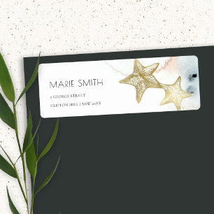 ELEGANT GULD DUSKY BLUE BEACHY STARFISH ADRESS RETURADRESS ETIKETT