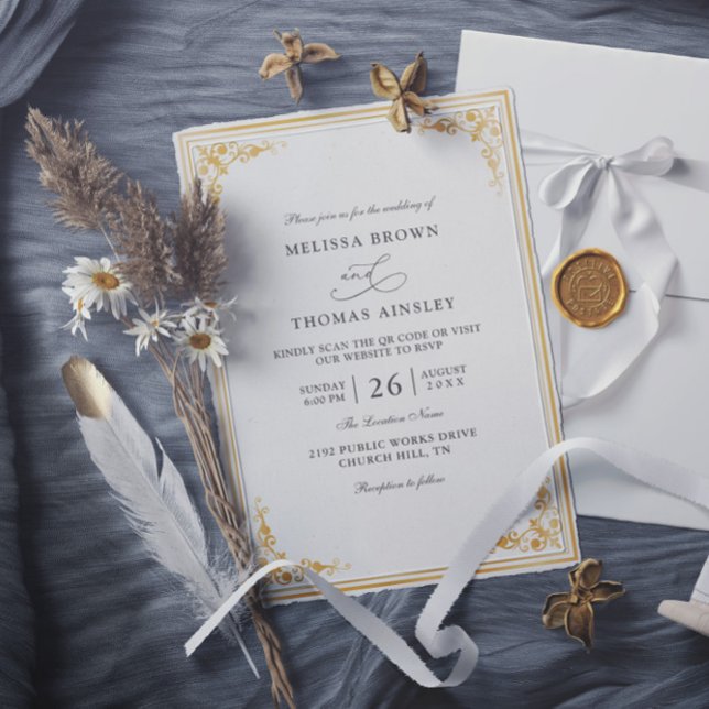 Elegant Guld Ecru Klassisk Budget QR-kod Bröllop Inbjudningar (Skapare uppladdad)