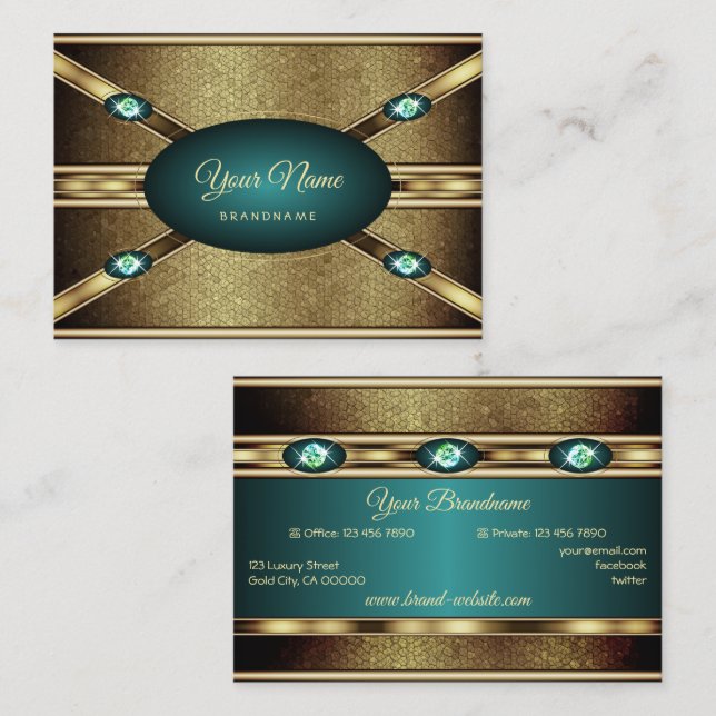 Elegant Guld Effects Teal med Faux Rhinestones Visitkort (Fram/baksida)