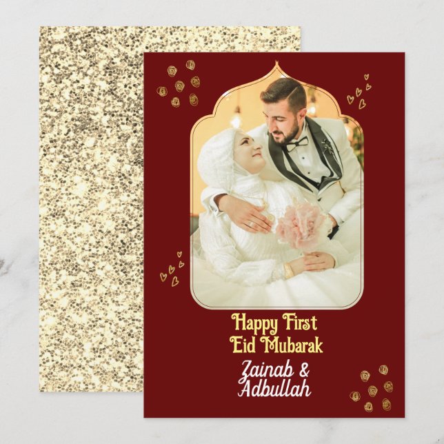 Elegant Guld Eid-fotohälsningskort Inbjudningar (Fram/baksida)