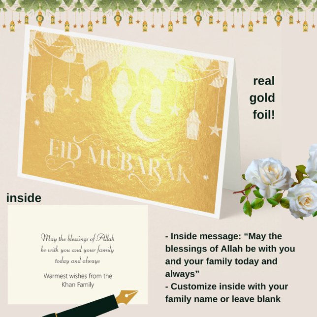 Elegant Guld Eid Mubarak Lanternor + Måne Folierat Kort (Spread the joy of Eid with these real gold foil elegant "Eid Mubarak" customizable cards!)