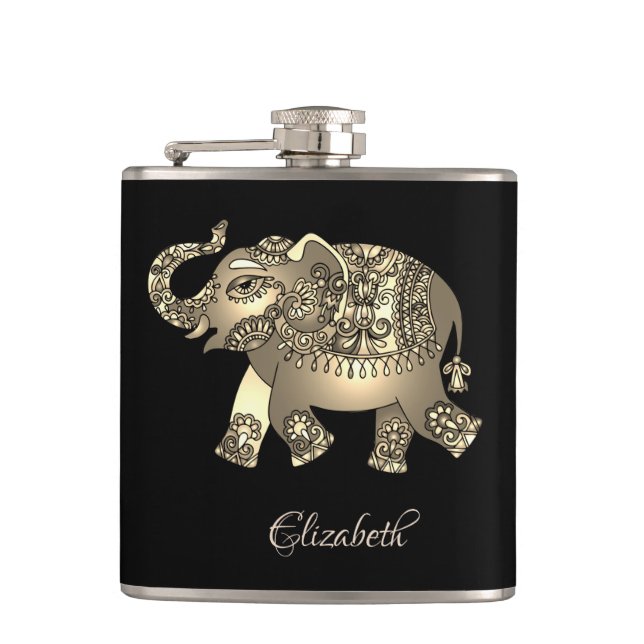 Elegant Guld Elefant Blommig, Svart-Personlig Fickplunta (Framsidan)