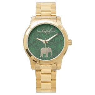Elegant Guld Elephant Emerald Grönt Monogram Armbandsur