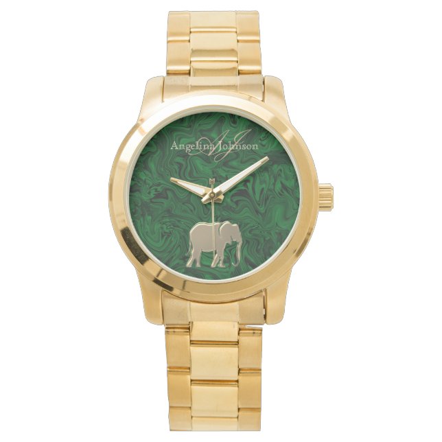 Elegant Guld Elephant Emerald Grönt Monogram Armbandsur (Framsida)