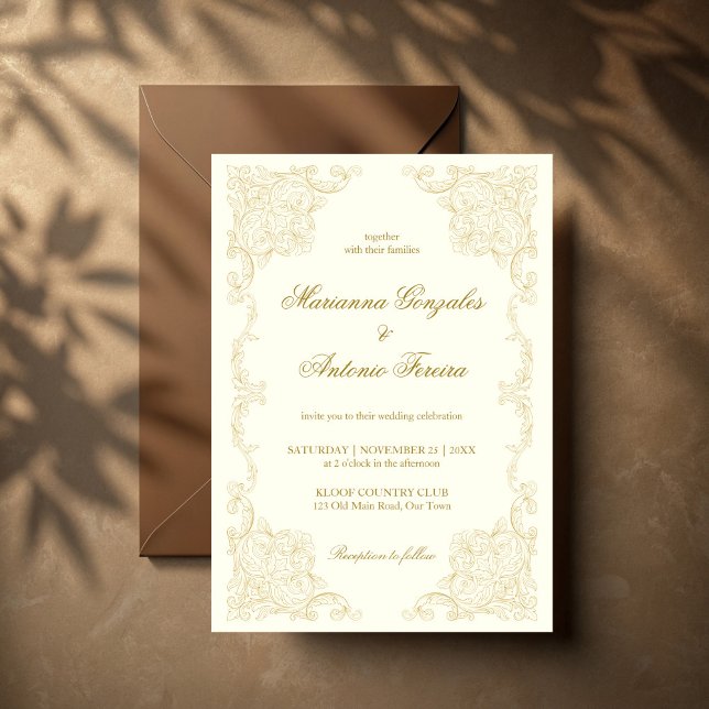 Elegant guld elfenben vintage utsmyckad ram bröllo inbjudningar (Elegant gold ivory vintage ornate frame wedding invitation cards template instant download)