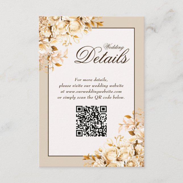 Elegant guld elfenbensblommig bröllops QR-kod deta Tilläggskort (Framsida)