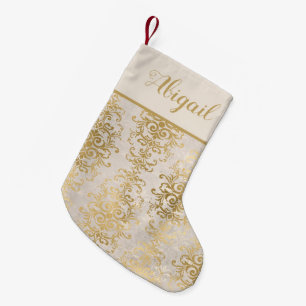 Elegant guld elfenbensdamast personlig liten julstrumpa
