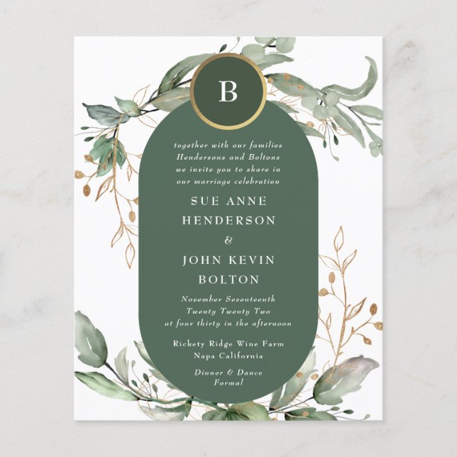 Elegant Guld Eucalyptus Budget Boho Moss Grönt Flygblad (Framsidan)