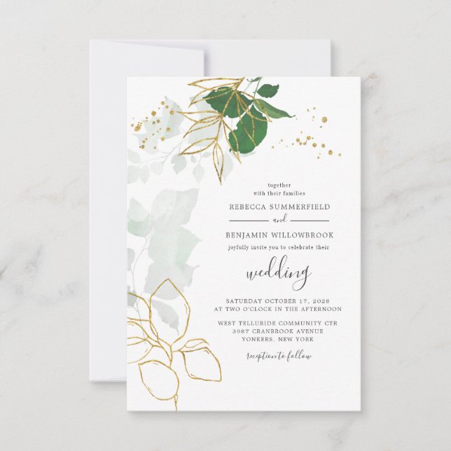 Elegant Guld Eucalyptus Greenery Boho Chic Bröllop Inbjudningar (Framsida)
