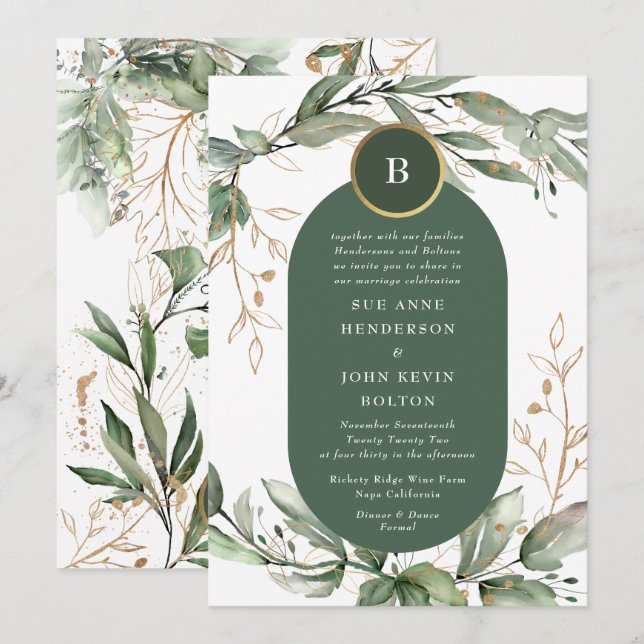 Elegant Guld Eucalyptus Greenery Boho Moss Grönt Inbjudningar (Fram/baksida)