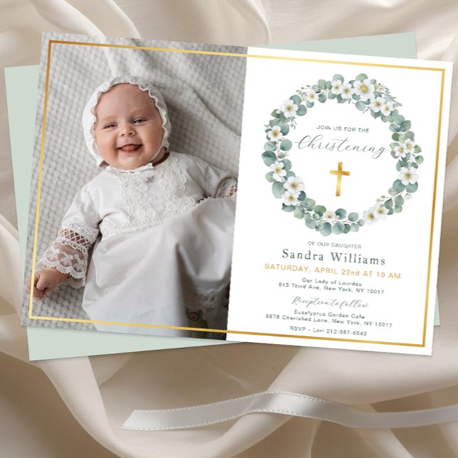Elegant Guld Eucalyptus Greenery Photo Inbjudningar (Elegant Baptism Invitation)